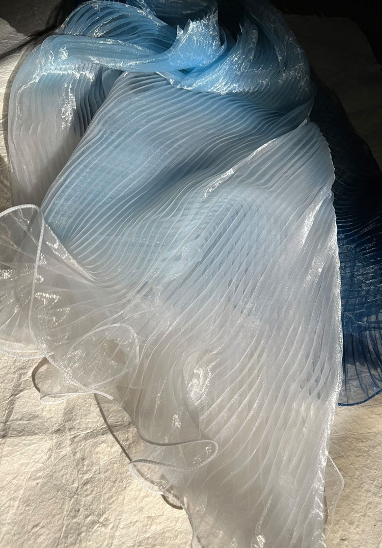 Blue Gradient Pleated Wave Laser Organza – Shimmering Pressed Fabric