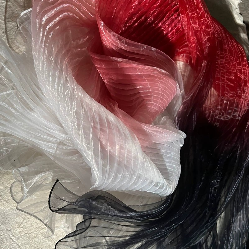 Blue Gradient Pleated Wave Laser Organza – Shimmering Pressed Fabric