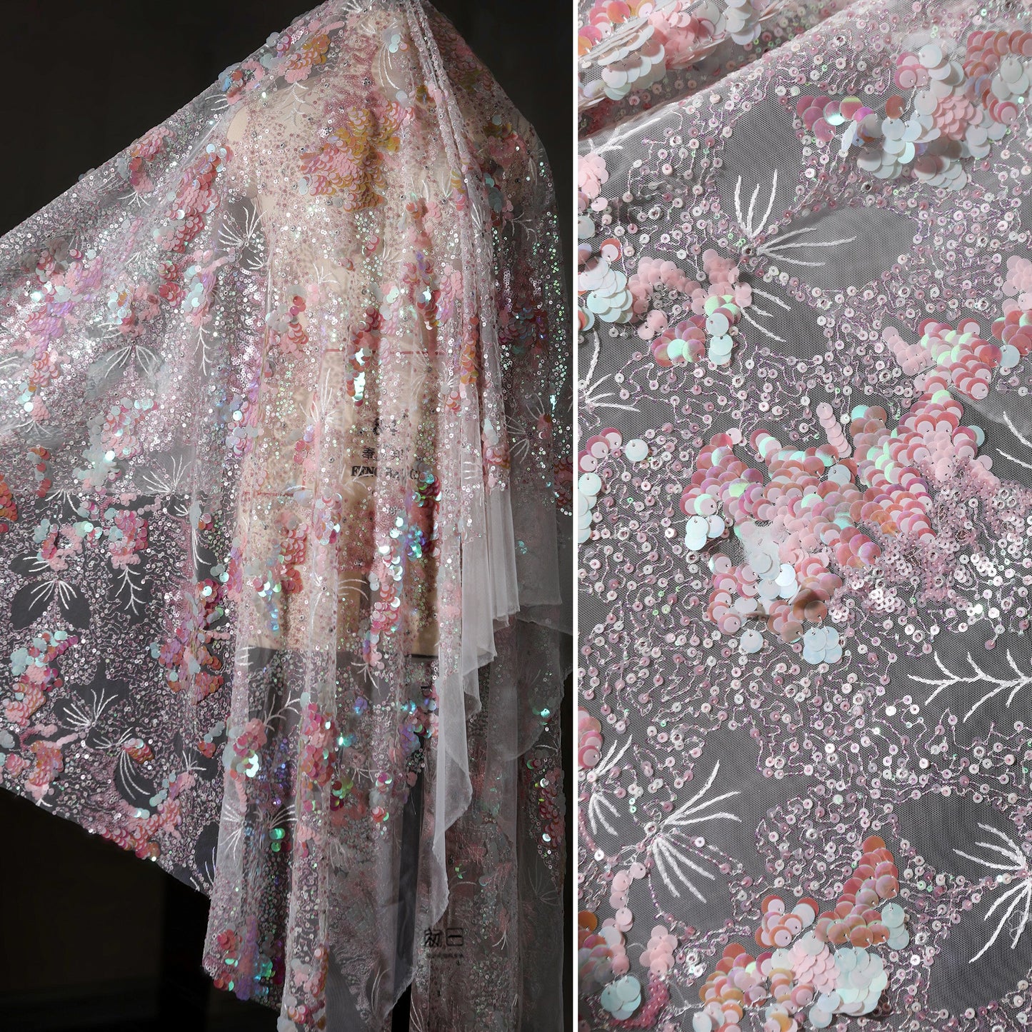 Pink Crystal Sequin Mesh – Enchanting Fairy-Tale Embroidered Fabric