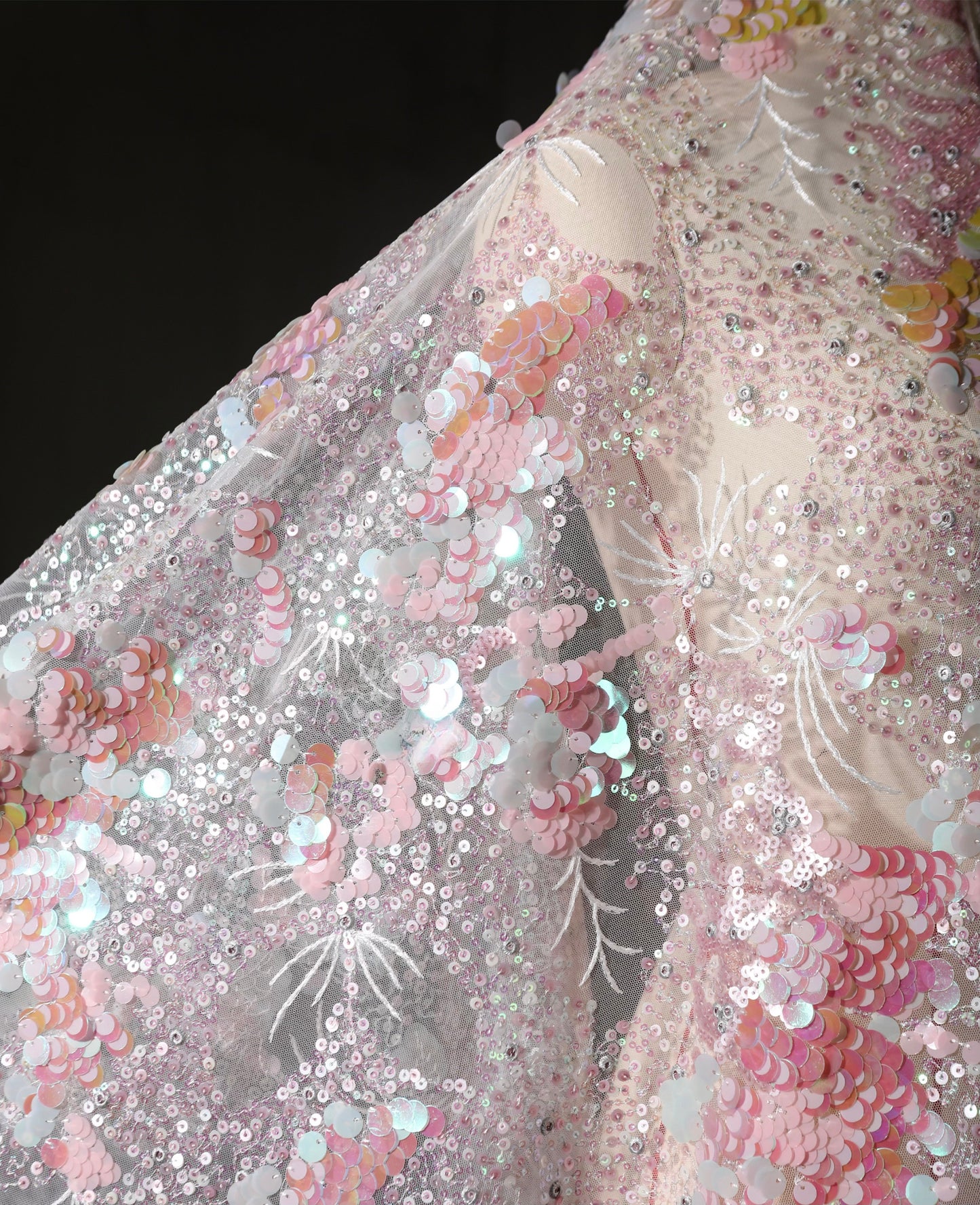 Pink Crystal Sequin Mesh – Enchanting Fairy-Tale Embroidered Fabric