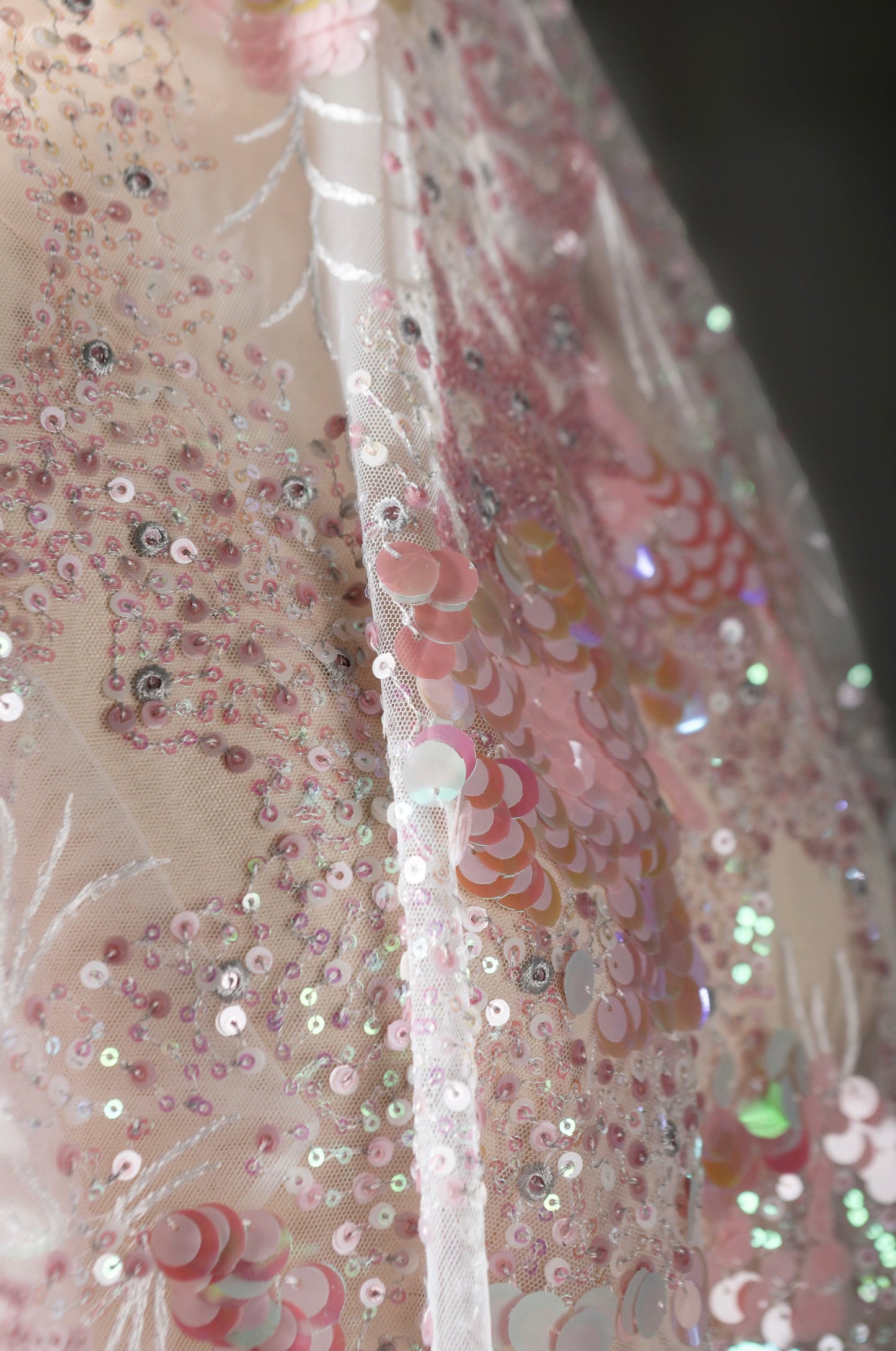 Pink Crystal Sequin Mesh – Enchanting Fairy-Tale Embroidered Fabric