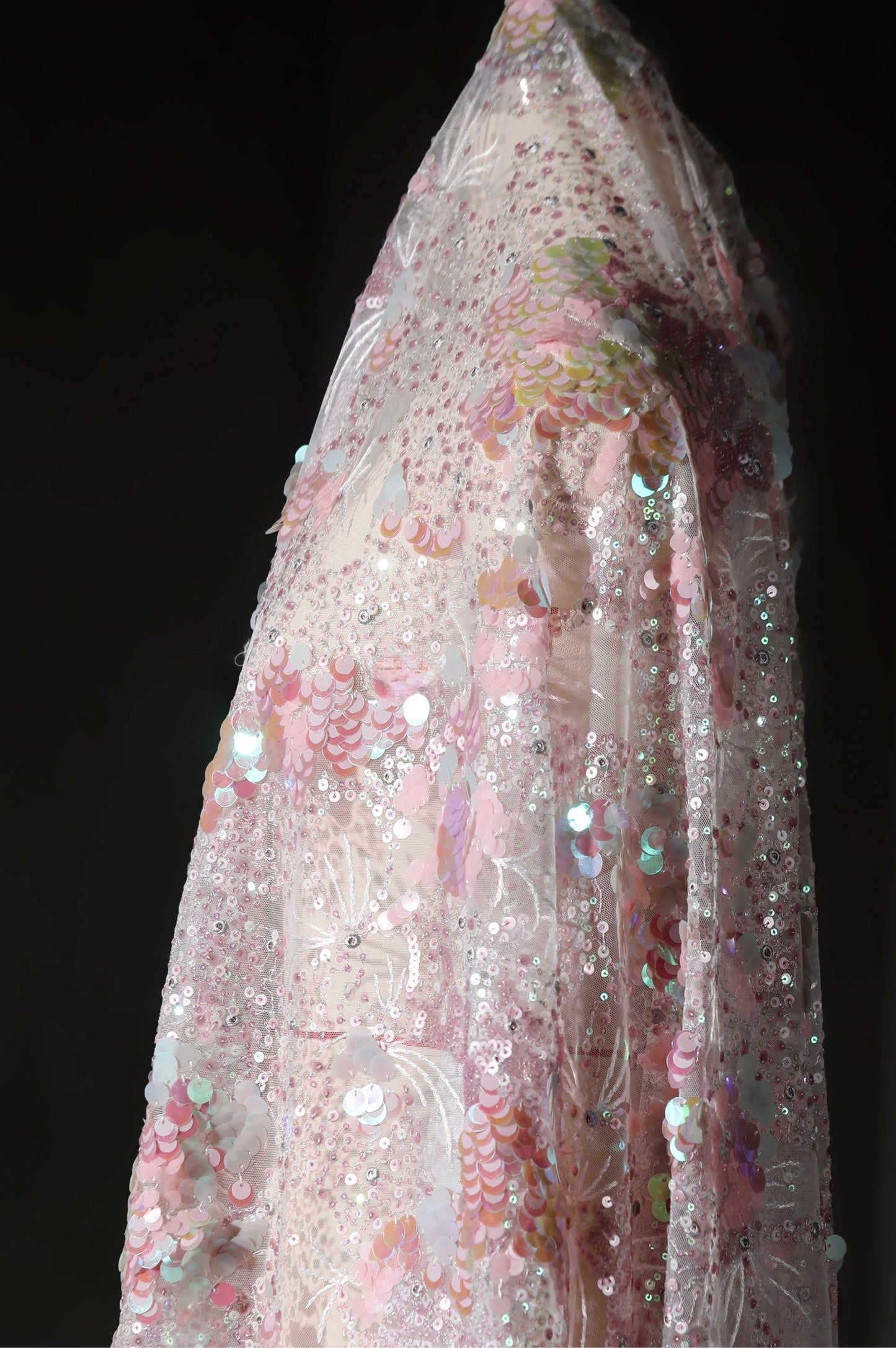 Pink Crystal Sequin Mesh – Enchanting Fairy-Tale Embroidered Fabric