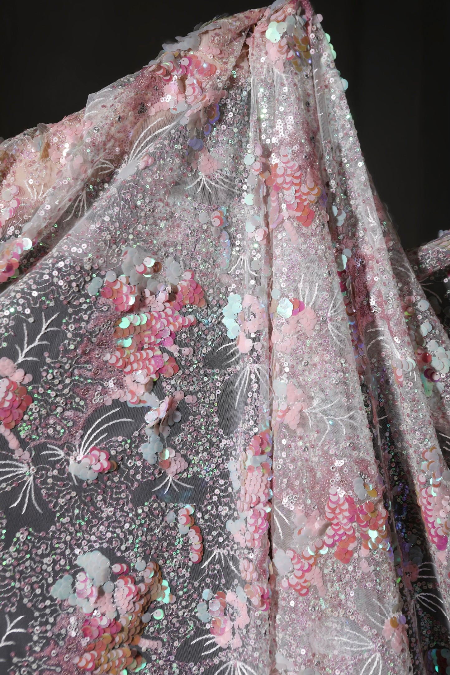 Pink Crystal Sequin Mesh – Enchanting Fairy-Tale Embroidered Fabric