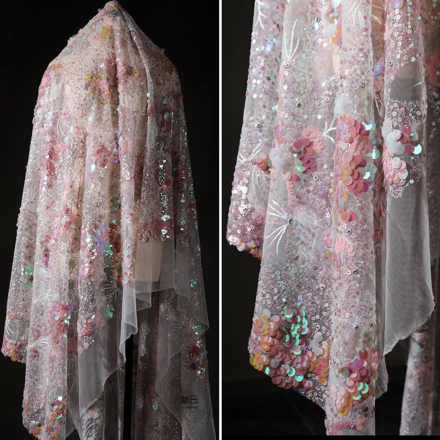 Pink Crystal Sequin Mesh – Enchanting Fairy-Tale Embroidered Fabric