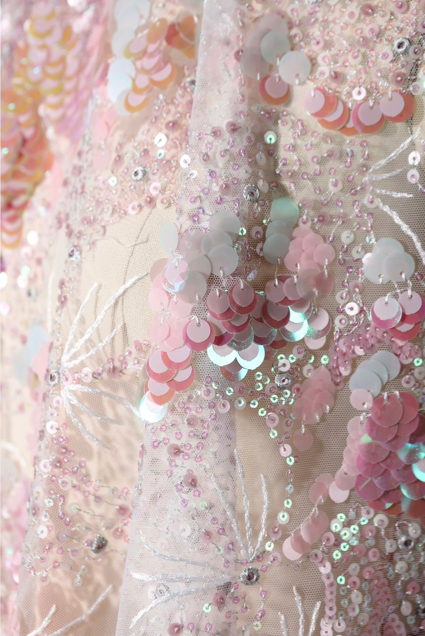 Pink Crystal Sequin Mesh – Enchanting Fairy-Tale Embroidered Fabric