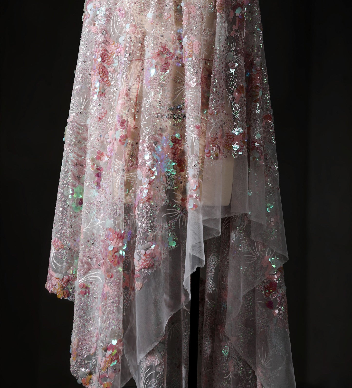 Pink Crystal Sequin Mesh – Enchanting Fairy-Tale Embroidered Fabric