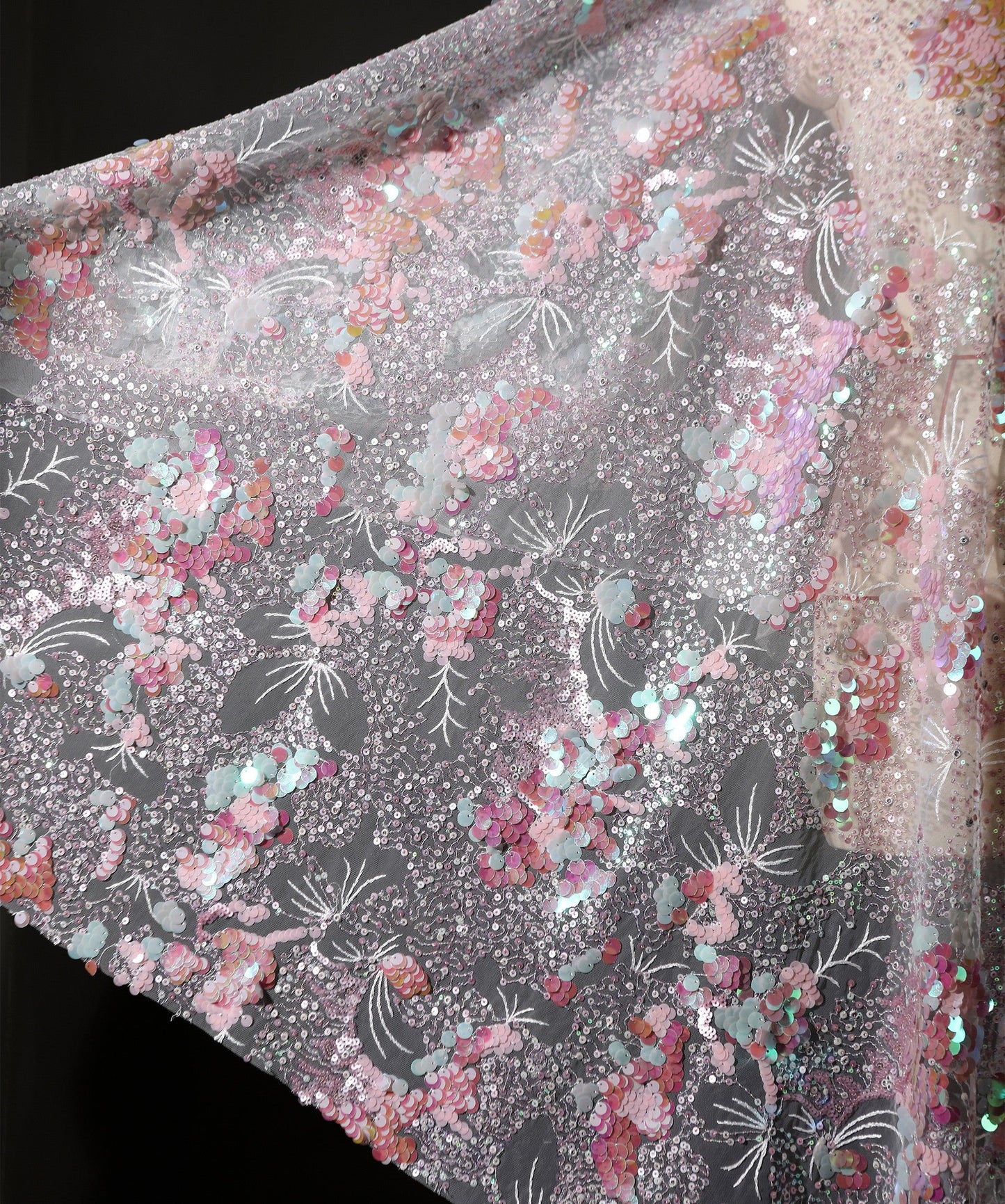Pink Crystal Sequin Mesh – Enchanting Fairy-Tale Embroidered Fabric