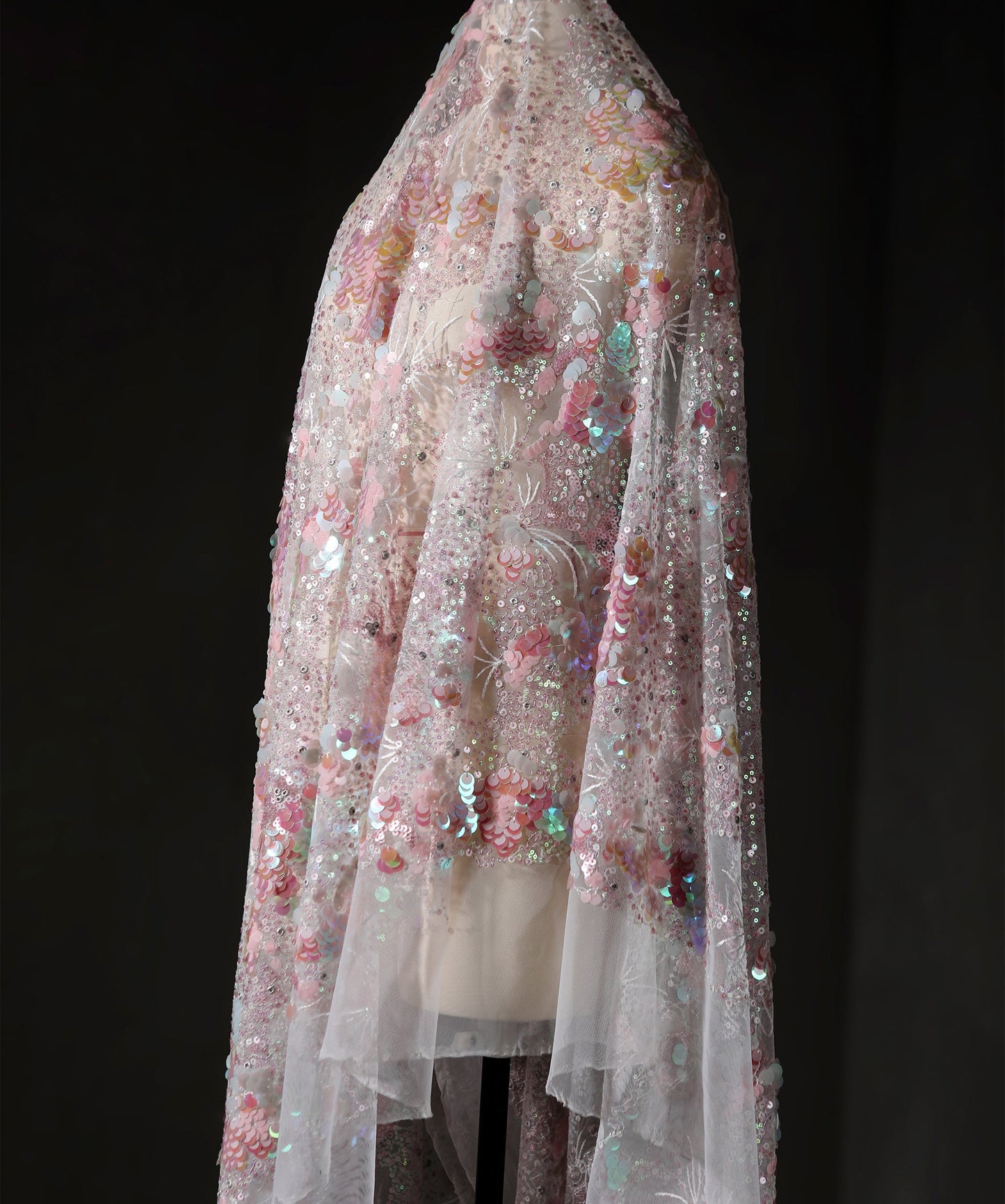 Pink Crystal Sequin Mesh – Enchanting Fairy-Tale Embroidered Fabric
