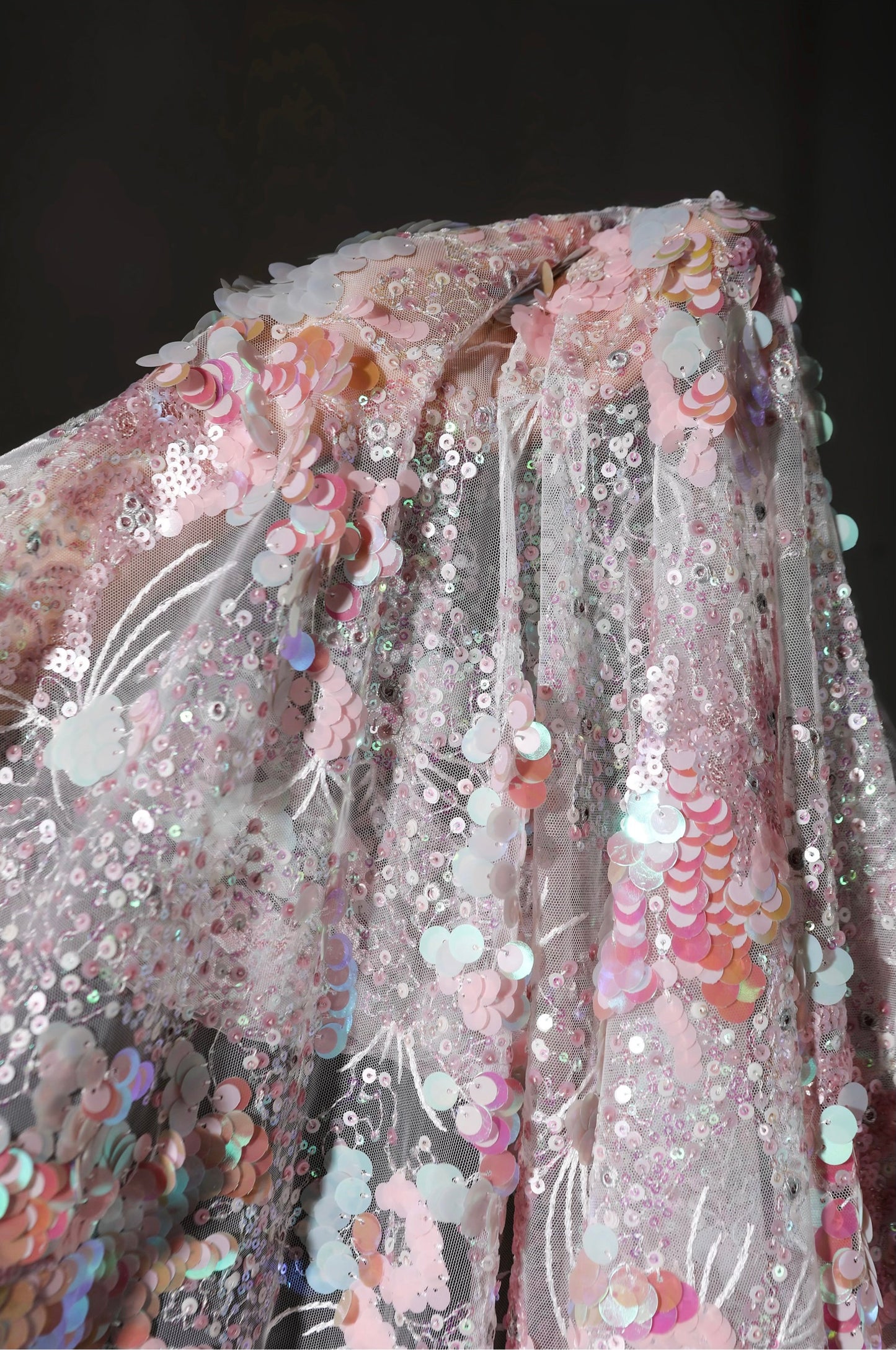 Pink Crystal Sequin Mesh – Enchanting Fairy-Tale Embroidered Fabric