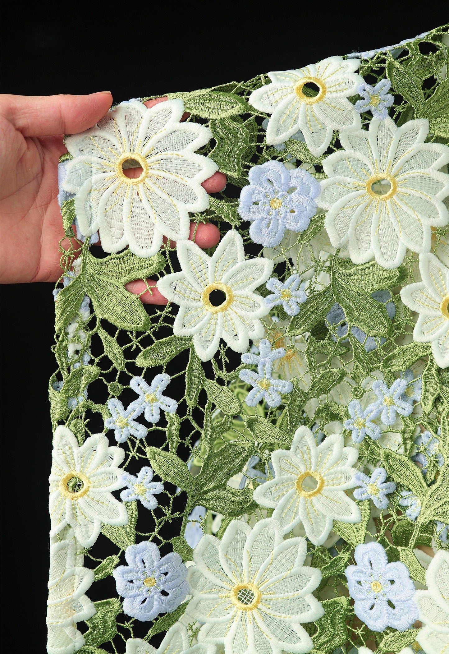 Green Daisy Lace Embroidered Mesh – Delicate Floral Cutout Fabric