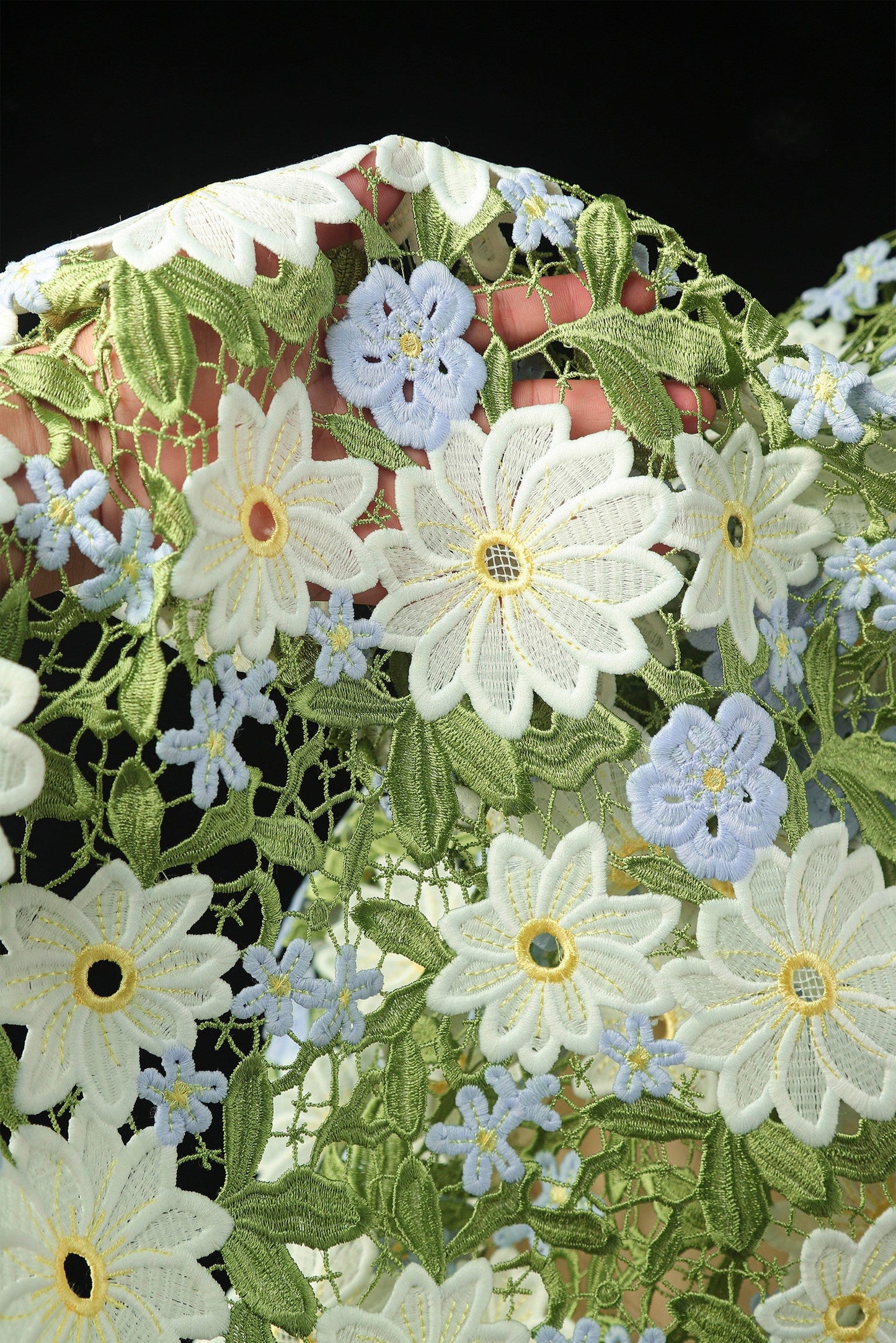 Green Daisy Lace Embroidered Mesh – Delicate Floral Cutout Fabric