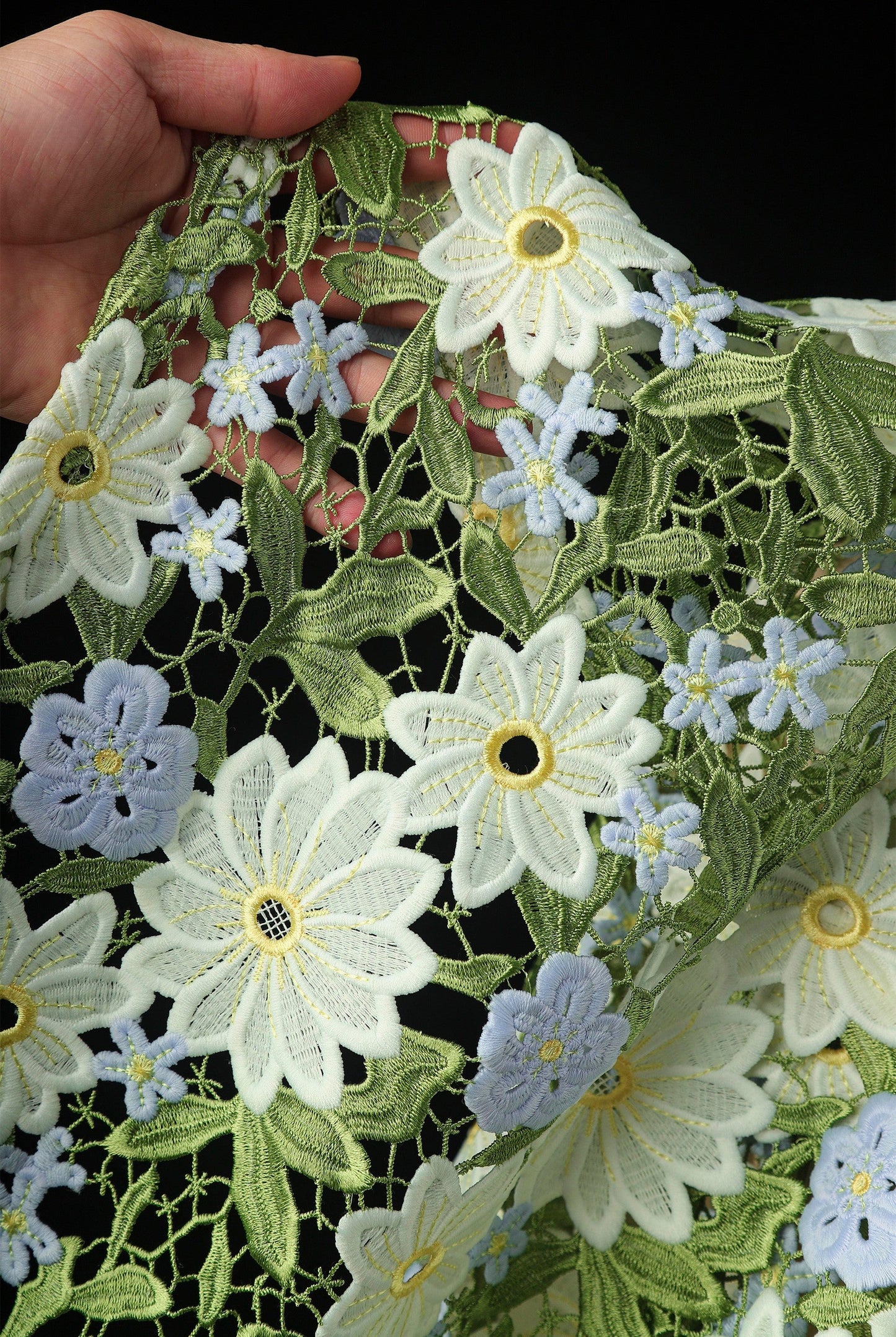 Green Daisy Lace Embroidered Mesh – Delicate Floral Cutout Fabric