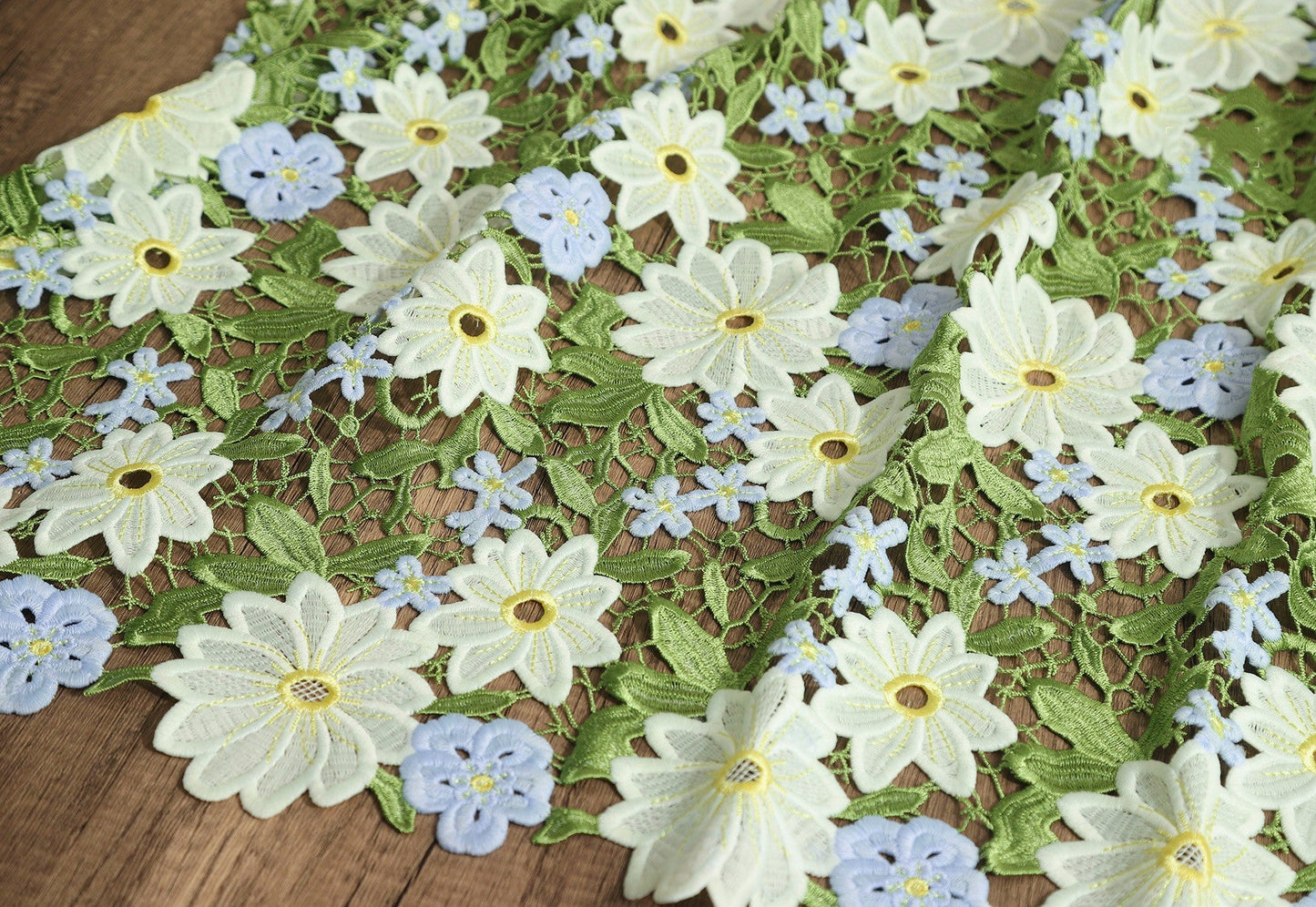 Green Daisy Lace Embroidered Mesh – Delicate Floral Cutout Fabric