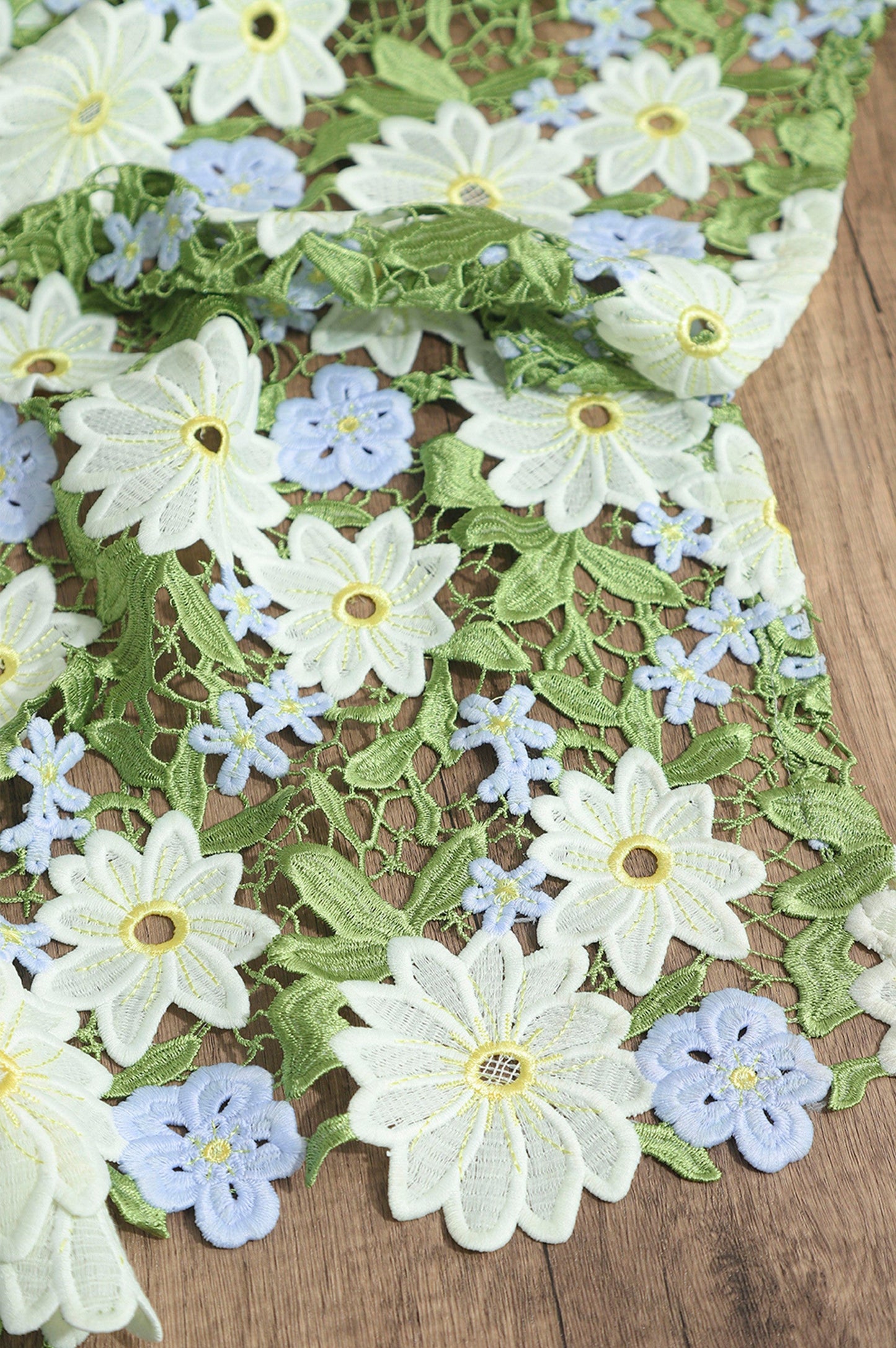 Green Daisy Lace Embroidered Mesh – Delicate Floral Cutout Fabric