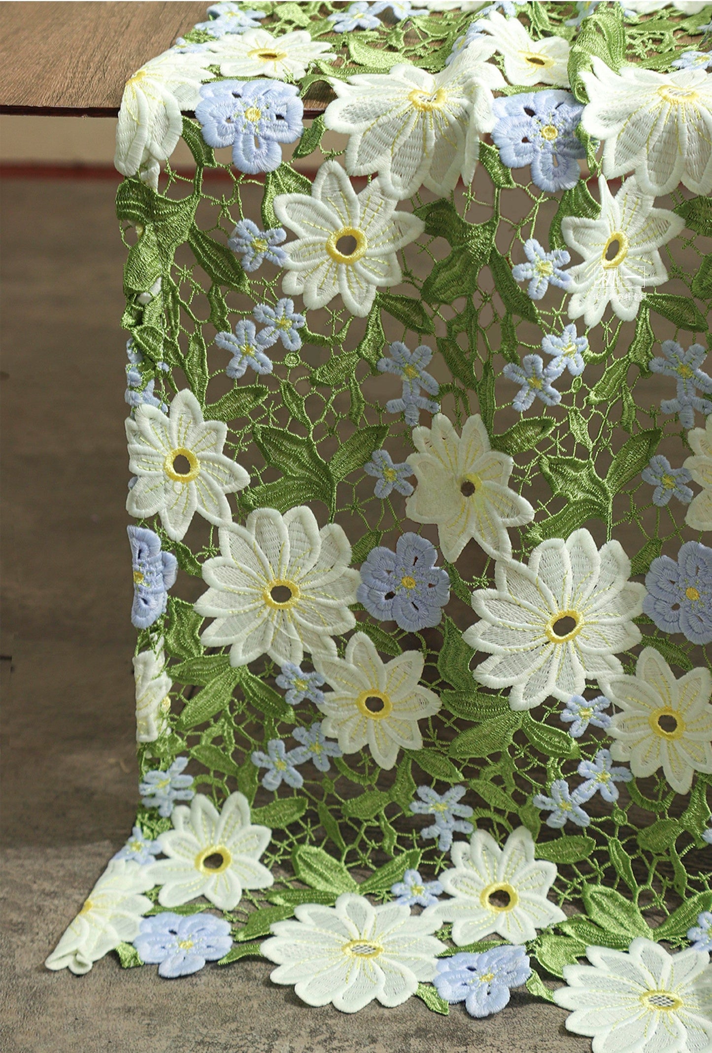 Green Daisy Lace Embroidered Mesh – Delicate Floral Cutout Fabric