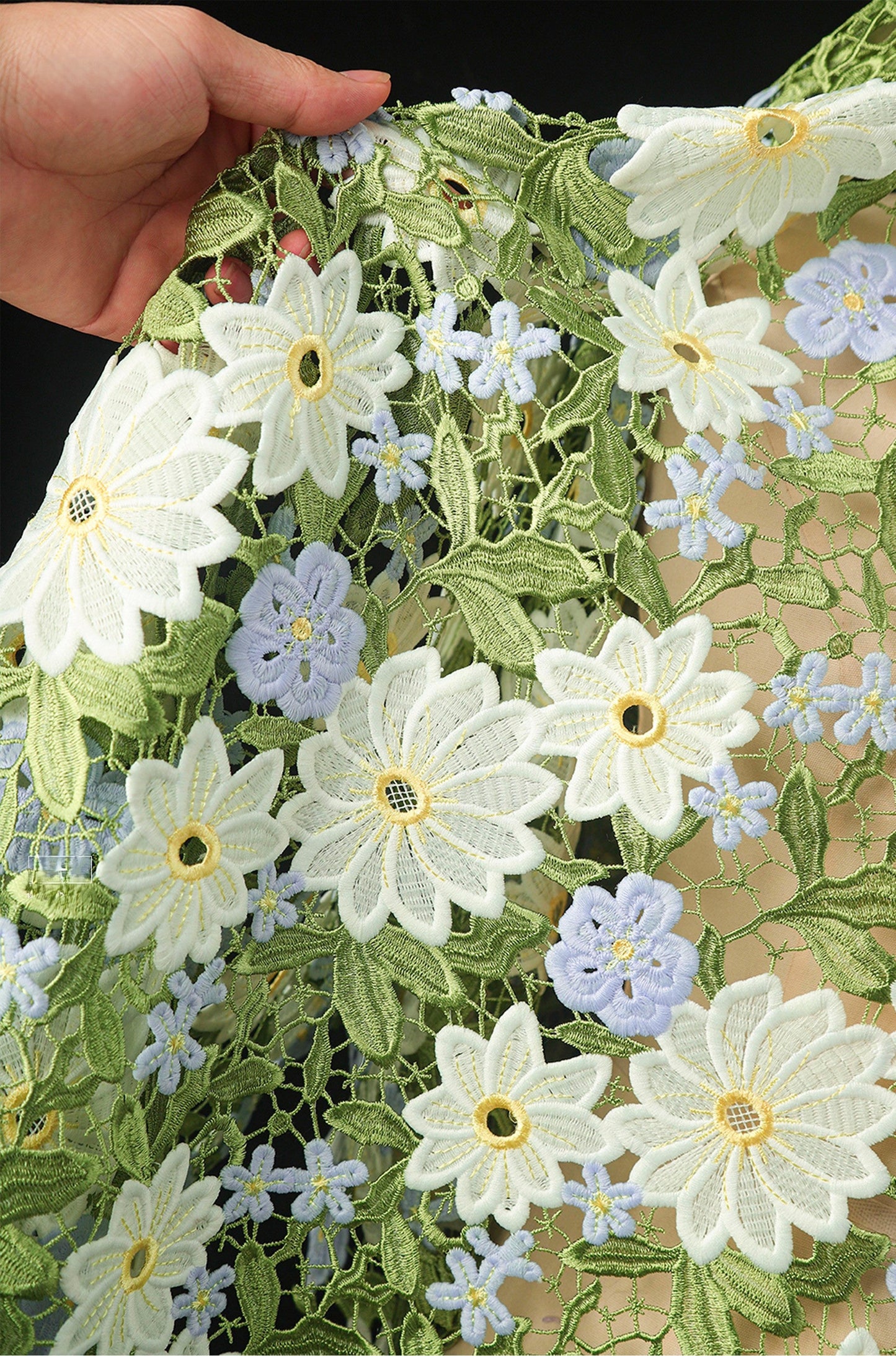 Green Daisy Lace Embroidered Mesh – Delicate Floral Cutout Fabric