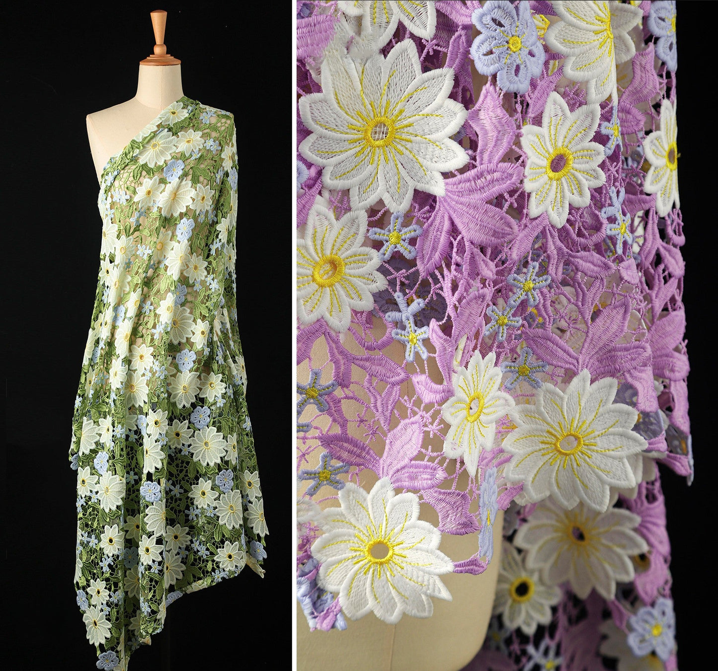 Green Daisy Lace Embroidered Mesh – Delicate Floral Cutout Fabric