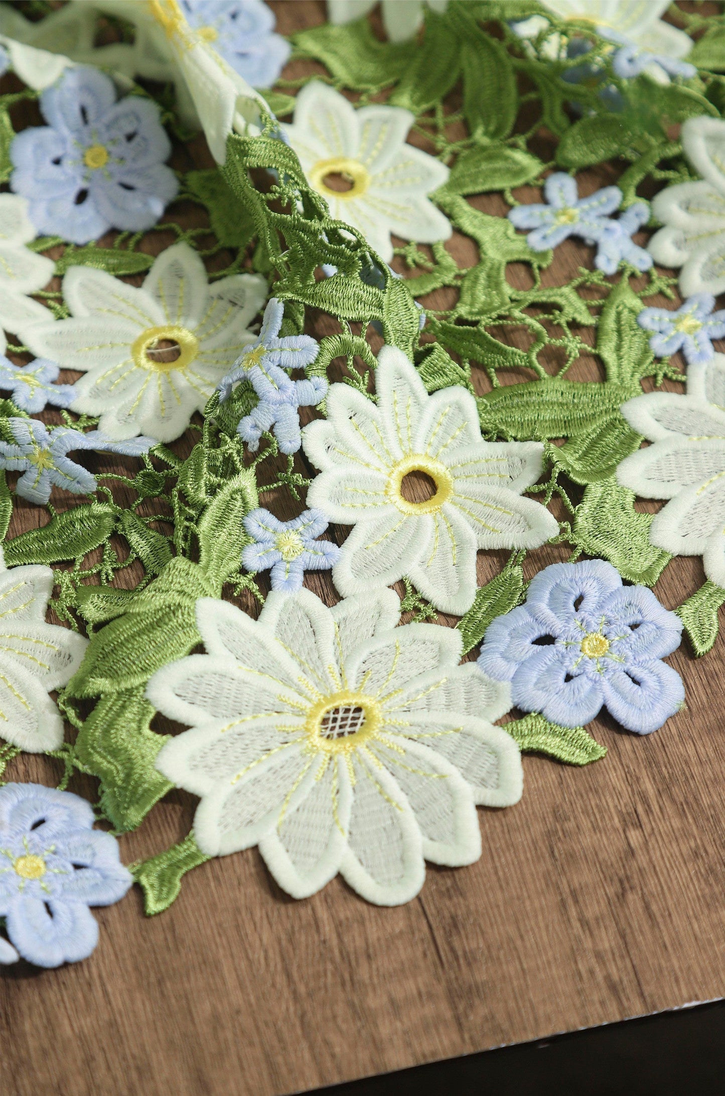 Green Daisy Lace Embroidered Mesh – Delicate Floral Cutout Fabric