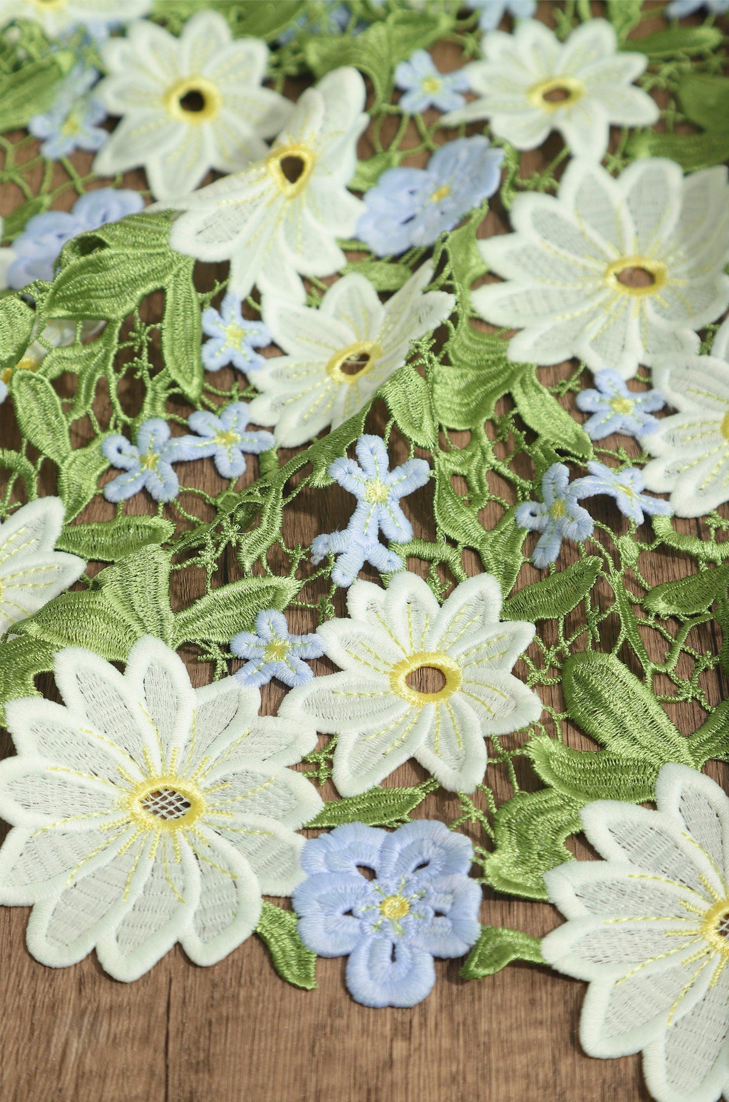 Green Daisy Lace Embroidered Mesh – Delicate Floral Cutout Fabric