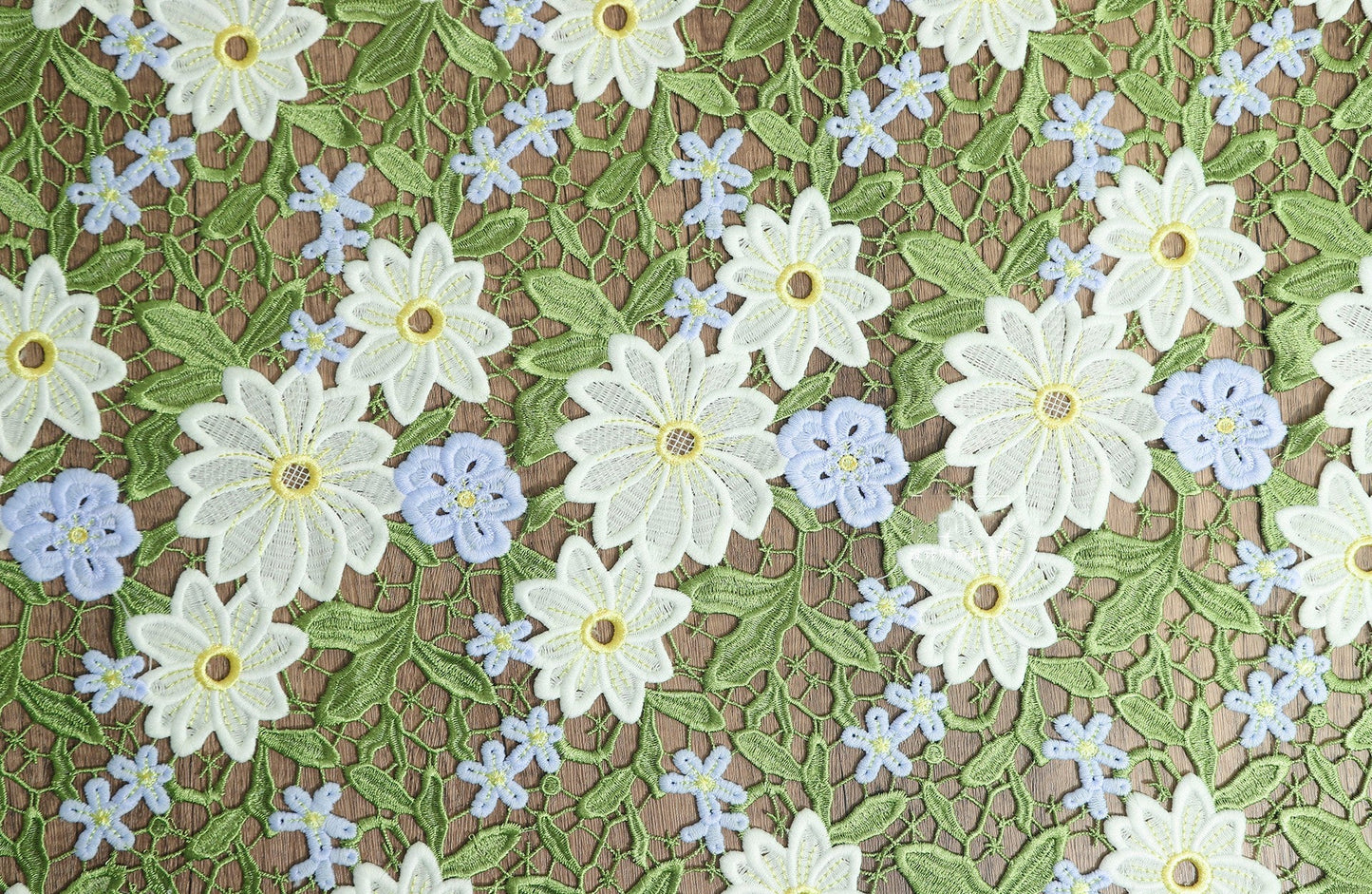 Green Daisy Lace Embroidered Mesh – Delicate Floral Cutout Fabric