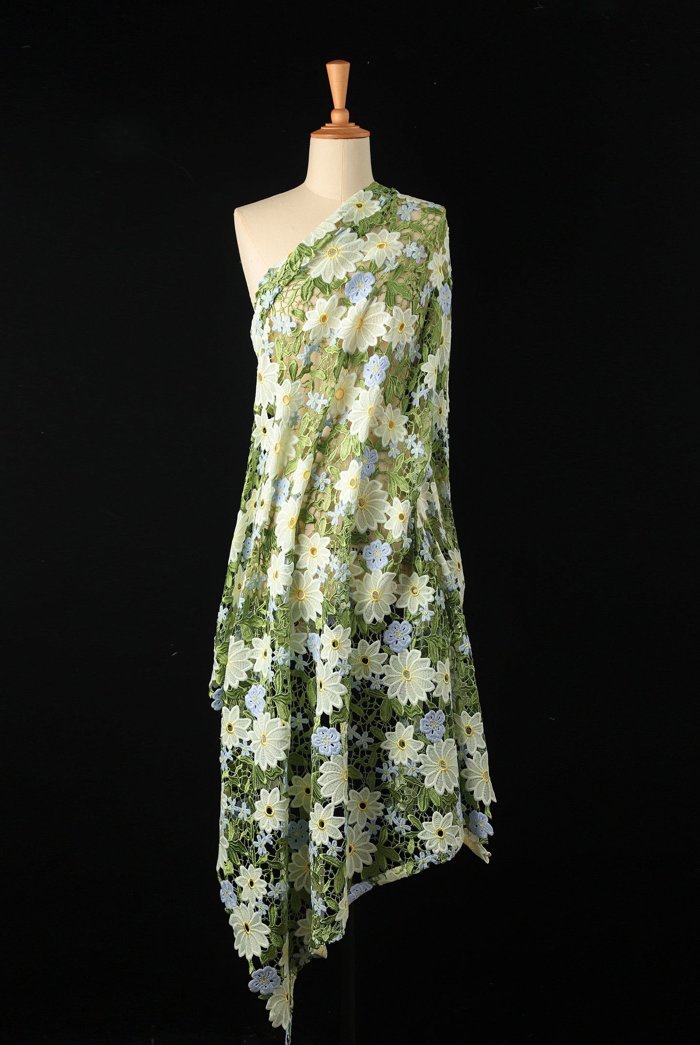 Green Daisy Lace Embroidered Mesh – Delicate Floral Cutout Fabric