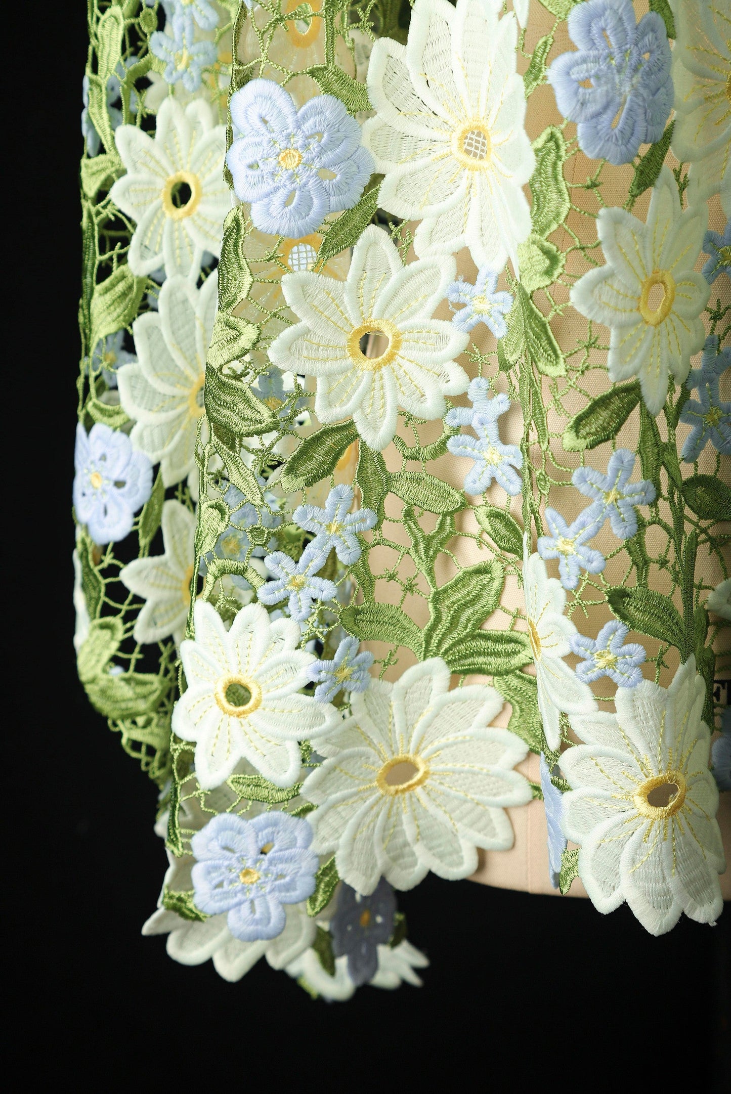 Green Daisy Lace Embroidered Mesh – Delicate Floral Cutout Fabric