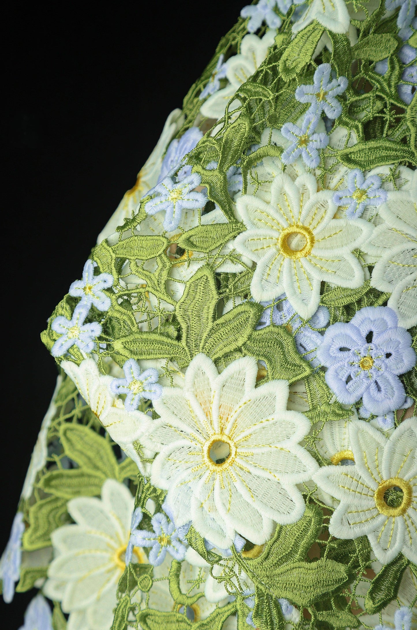 Green Daisy Lace Embroidered Mesh – Delicate Floral Cutout Fabric