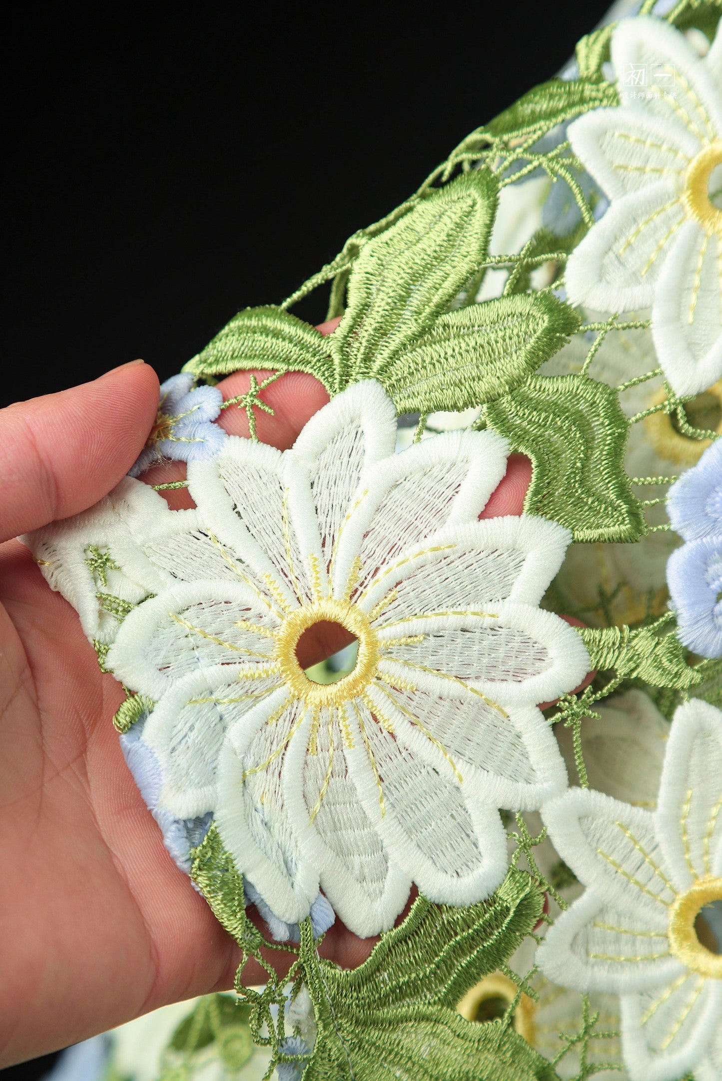 Green Daisy Lace Embroidered Mesh – Delicate Floral Cutout Fabric