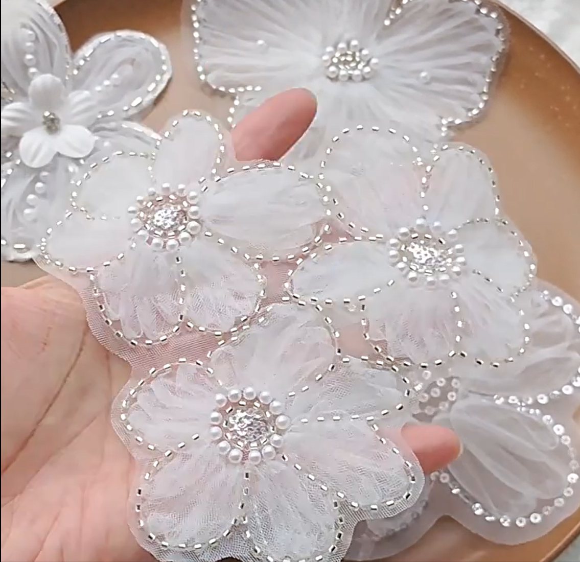 Shimmery Sequin Lace Appliqué — Pearl Embroidery with Tulle Floral Patch