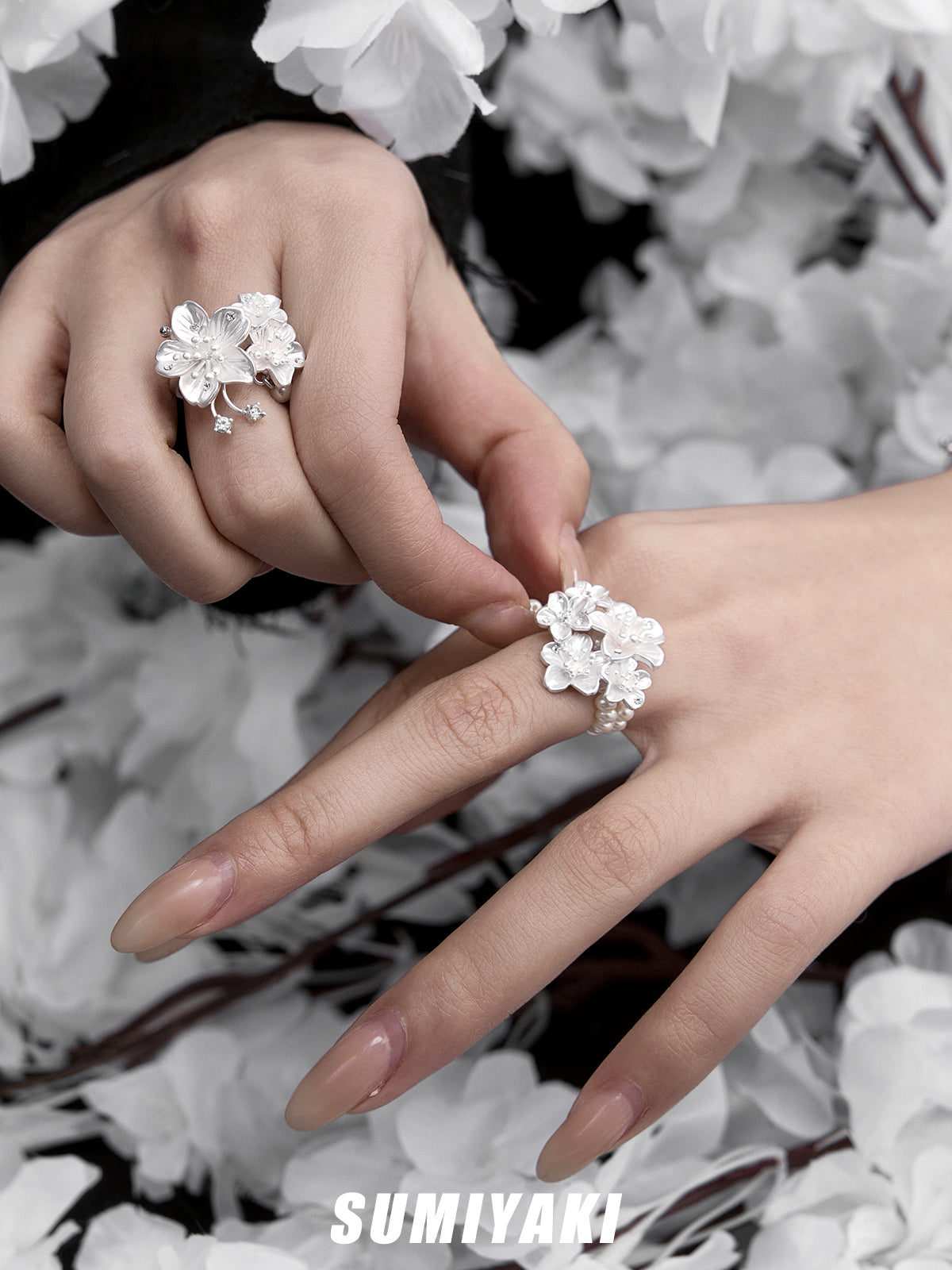 SUMIYAKI Night Sakura Series – Multi-Layered Floral Pearl Ring with Cherry Blossom Design