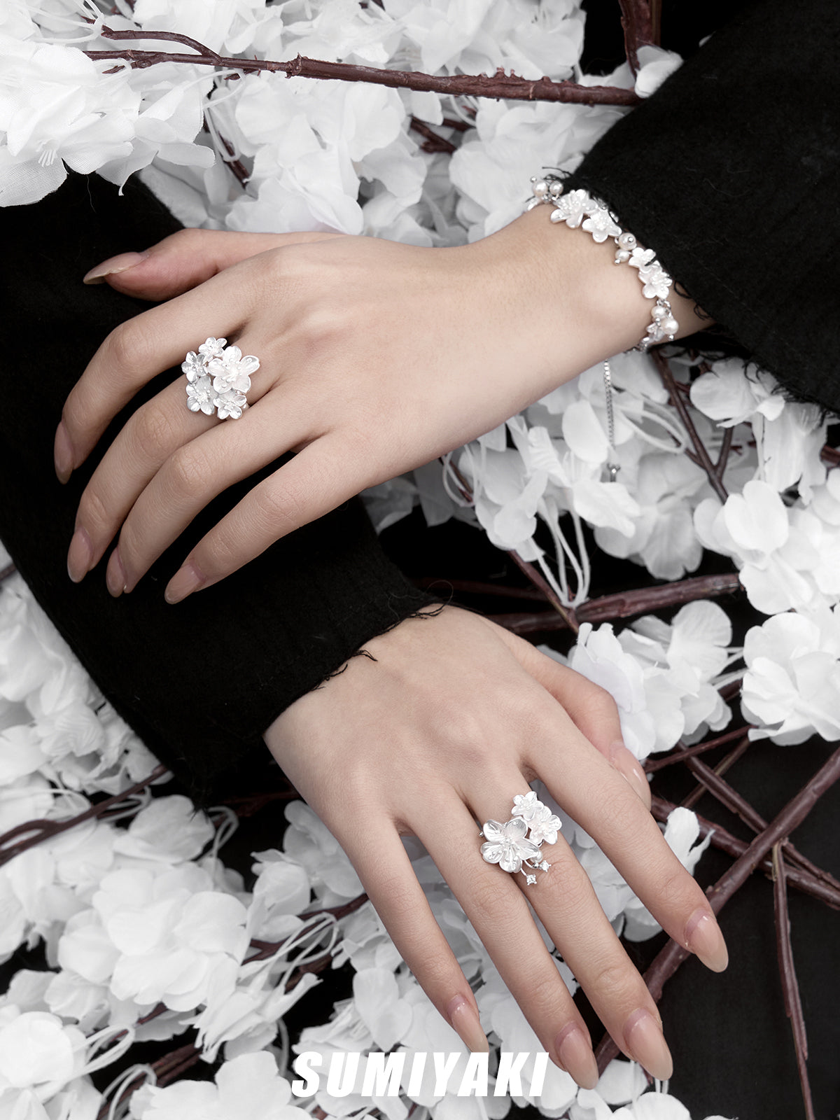 SUMIYAKI Night Sakura Series – Multi-Layered Floral Pearl Ring with Cherry Blossom Design