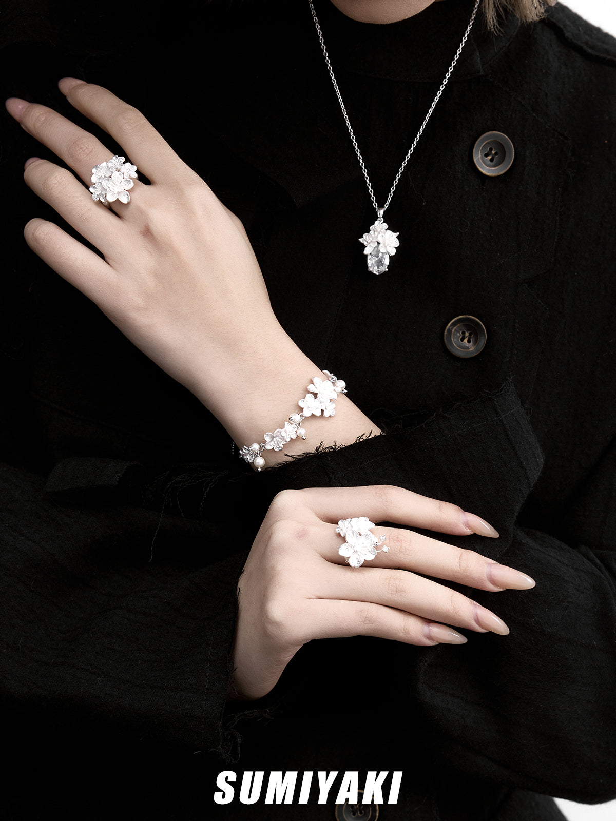 SUMIYAKI Night Sakura Series – Multi-Layered Floral Pearl Ring with Cherry Blossom Design