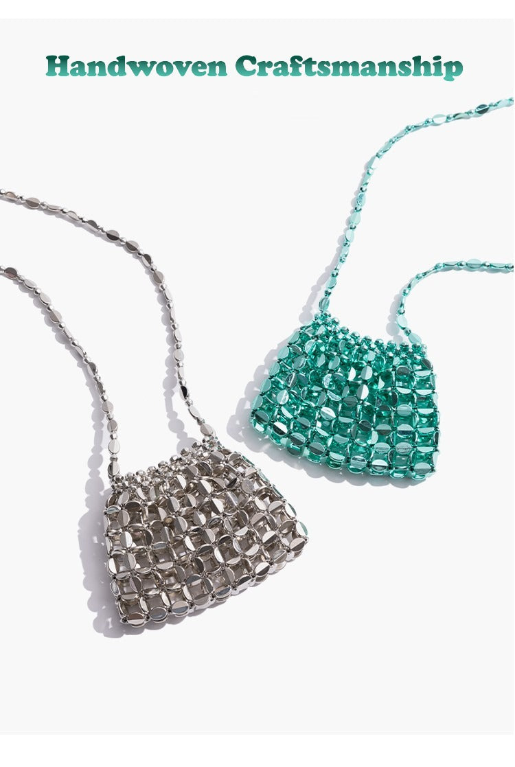 Silver mini crossbody bag – hollow-out beaded woven design, versatile summer decorative pouch