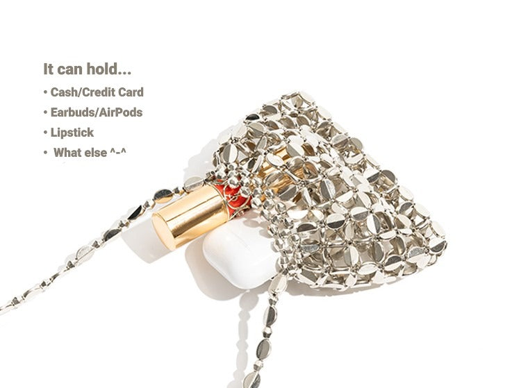 Silver mini crossbody bag – hollow-out beaded woven design, versatile summer decorative pouch