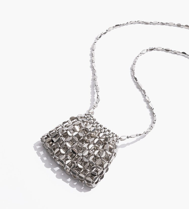 Silver mini crossbody bag – hollow-out beaded woven design, versatile summer decorative pouch