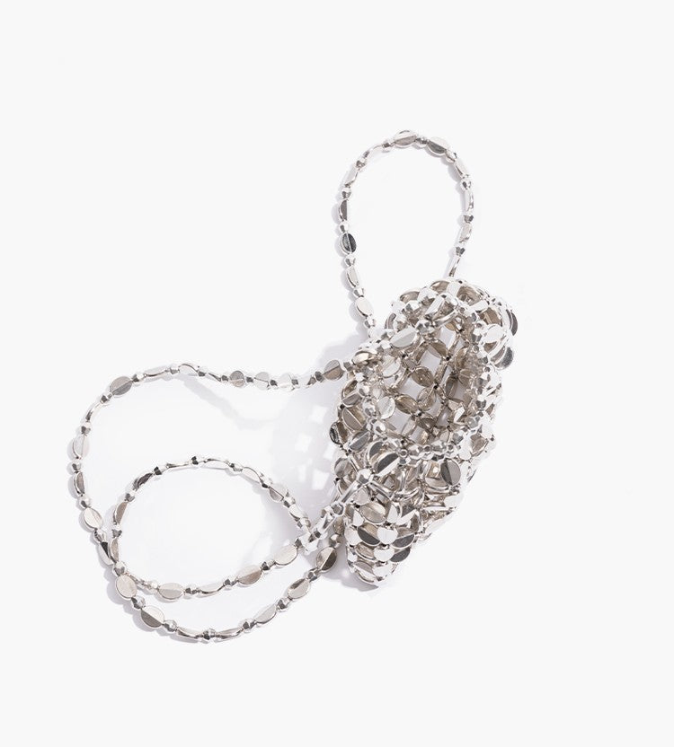 Silver mini crossbody bag – hollow-out beaded woven design, versatile summer decorative pouch
