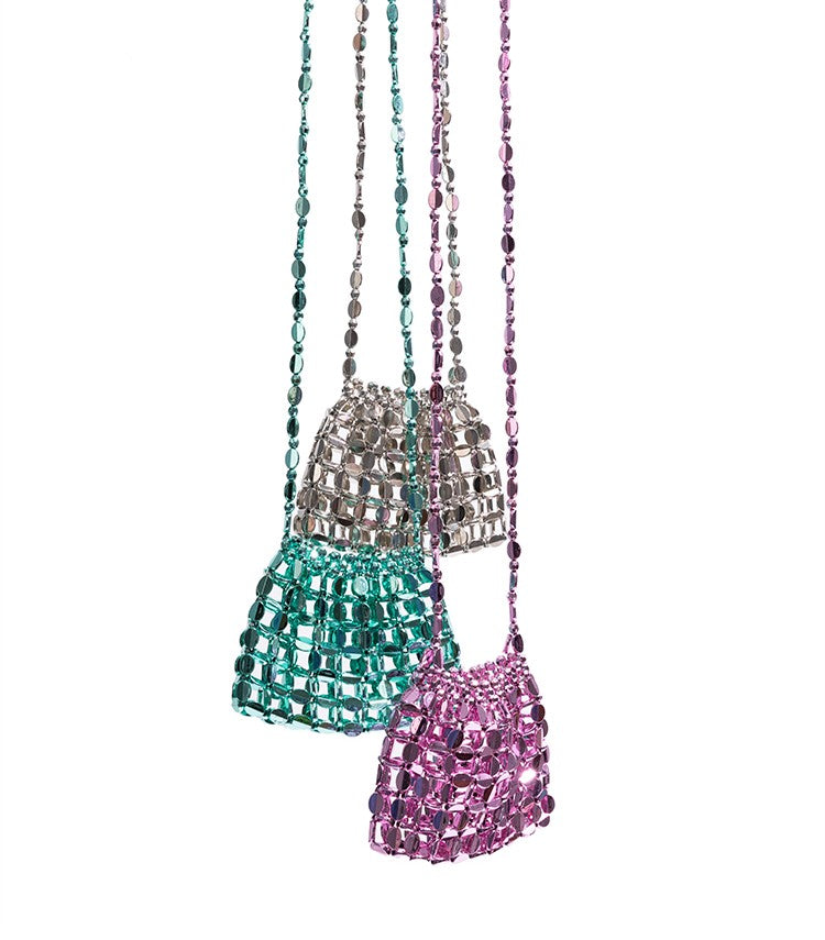 Silver mini crossbody bag – hollow-out beaded woven design, versatile summer decorative pouch