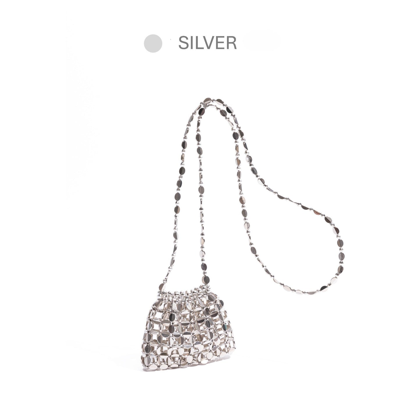 Silver mini crossbody bag – hollow-out beaded woven design, versatile summer decorative pouch