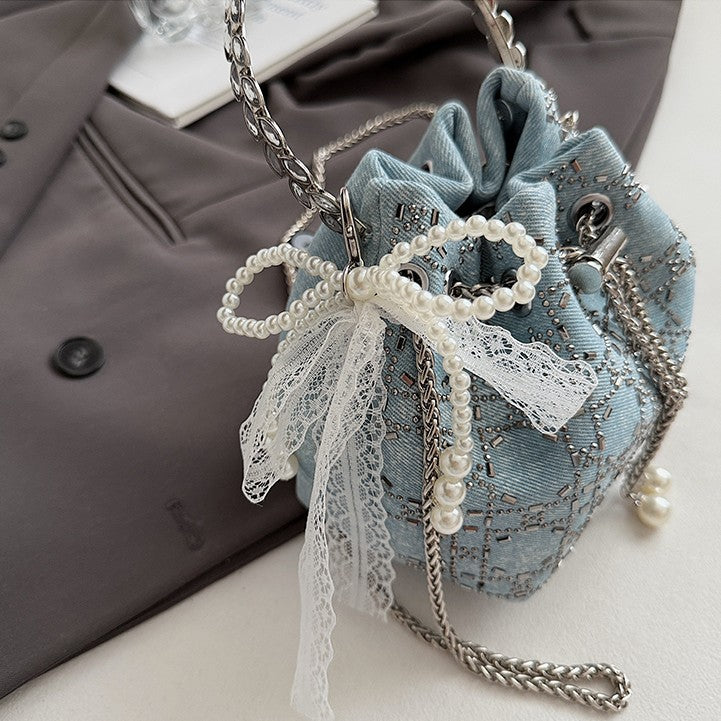 2025 Summer Sparkle: Denim Drawstring Bucket Bag with Chain Strap
