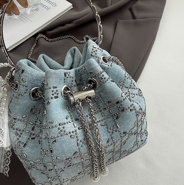 2025 Summer Sparkle: Denim Drawstring Bucket Bag with Chain Strap