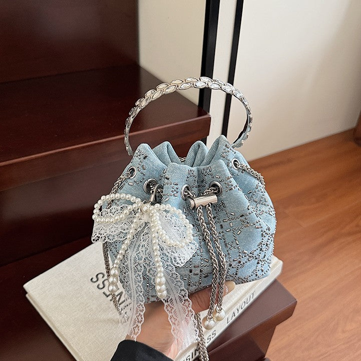 2025 Summer Sparkle: Denim Drawstring Bucket Bag with Chain Strap