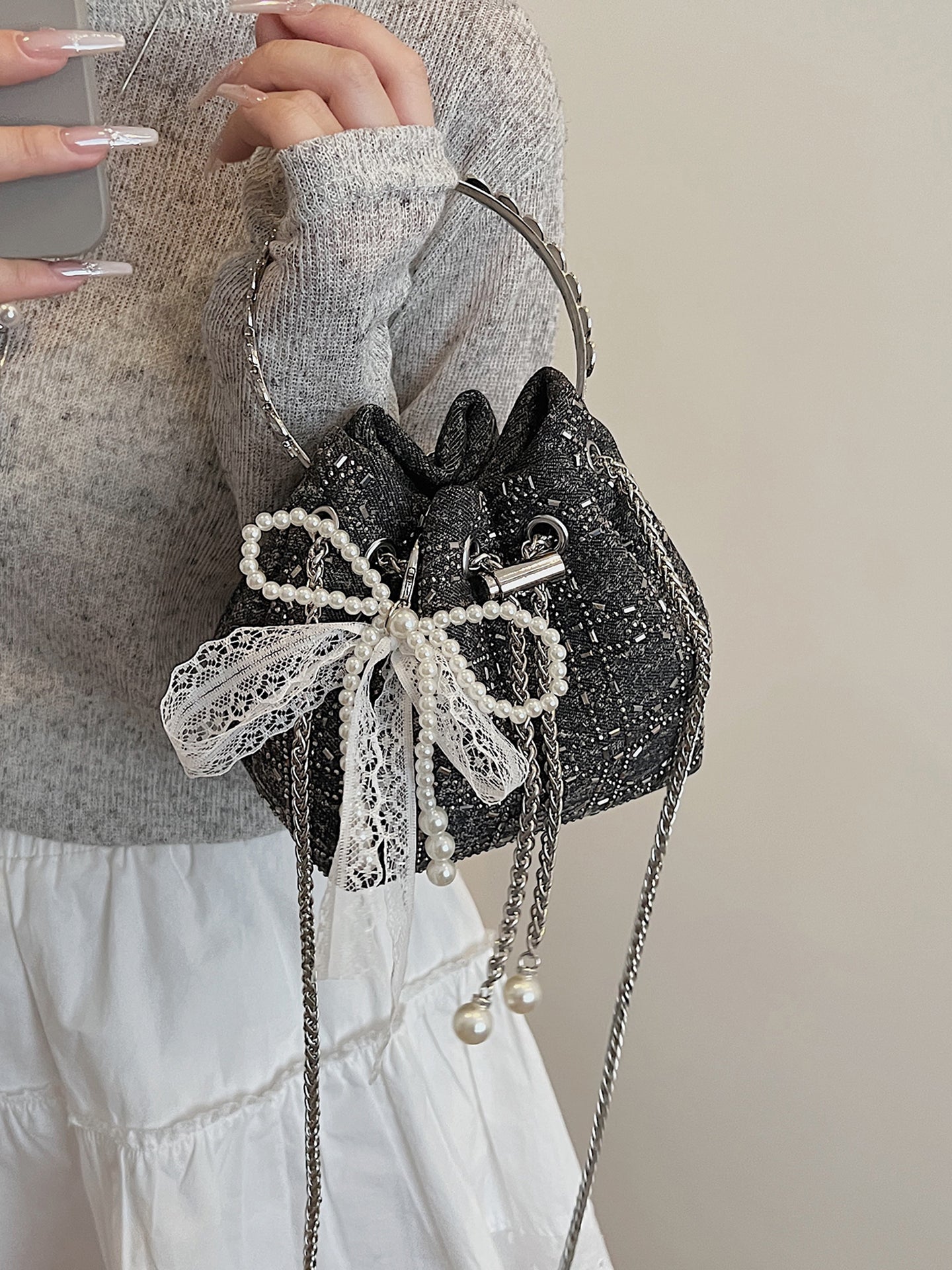 2025 Summer Sparkle: Denim Drawstring Bucket Bag with Chain Strap