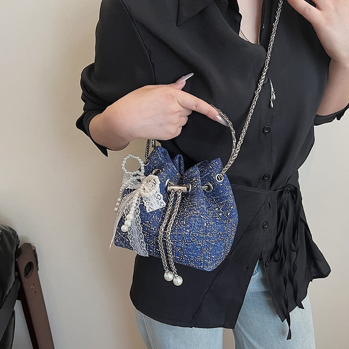 2025 Summer Sparkle: Denim Drawstring Bucket Bag with Chain Strap