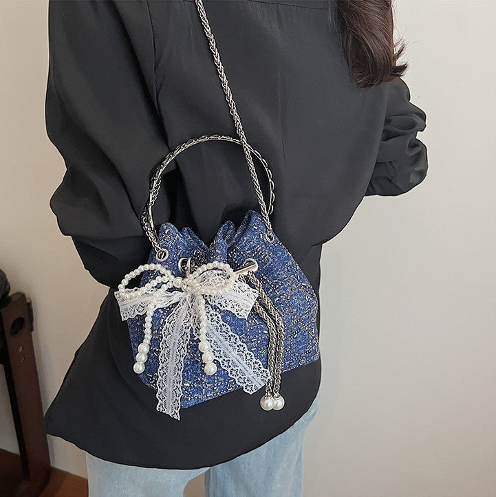 2025 Summer Sparkle: Denim Drawstring Bucket Bag with Chain Strap