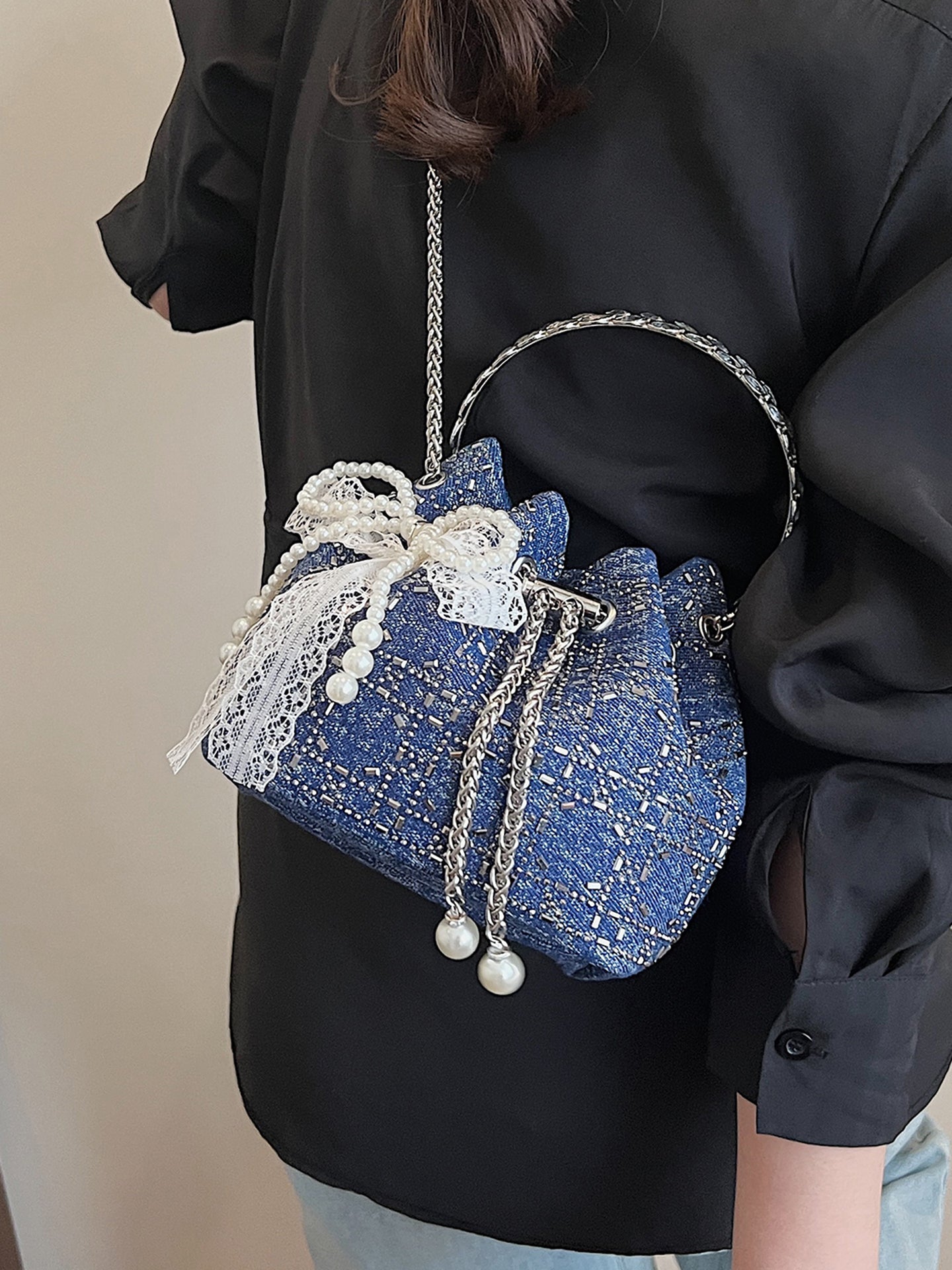 2025 Summer Sparkle: Denim Drawstring Bucket Bag with Chain Strap