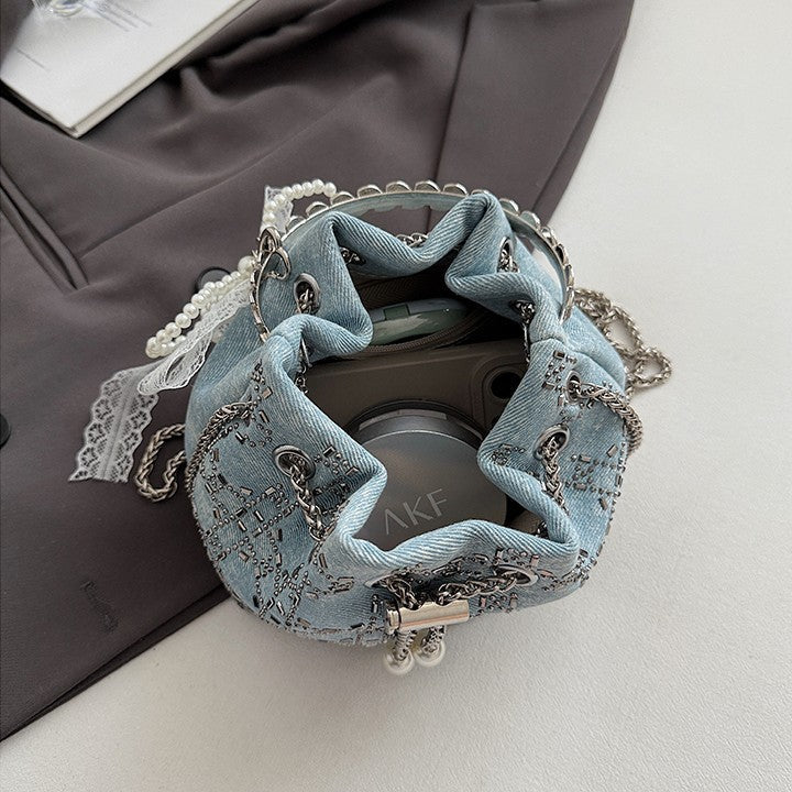 2025 Summer Sparkle: Denim Drawstring Bucket Bag with Chain Strap