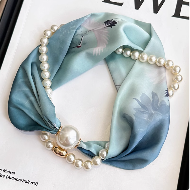 Pearl Necklace Scarf with Magnetic Clasp β Versatile Silk Neck Wrap for Collarbone & Shirt Styling