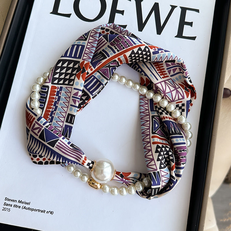 Pearl Necklace Scarf with Magnetic Clasp β Versatile Silk Neck Wrap for Collarbone & Shirt Styling