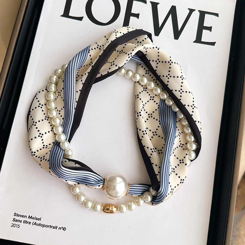 Pearl Necklace Scarf with Magnetic Clasp β Versatile Silk Neck Wrap for Collarbone & Shirt Styling