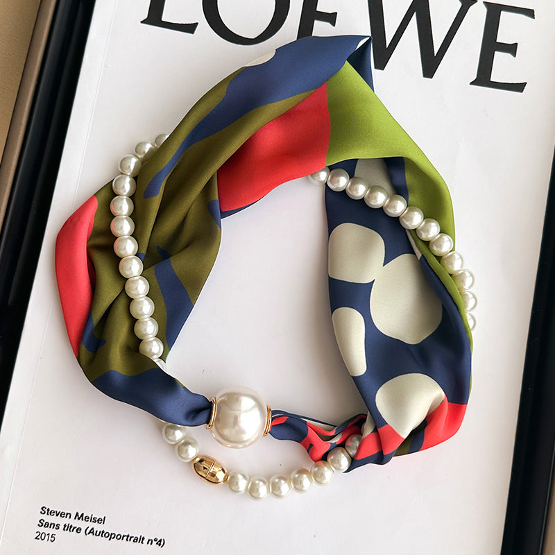 Pearl Necklace Scarf with Magnetic Clasp β Versatile Silk Neck Wrap for Collarbone & Shirt Styling